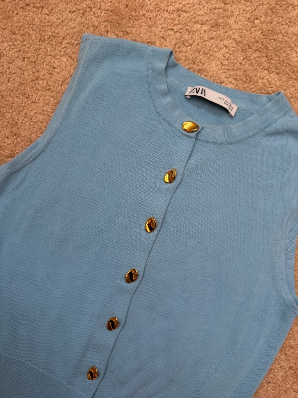 Zara Blue Knit Vest Top Gold Buttons Old Money Preppy Size Small